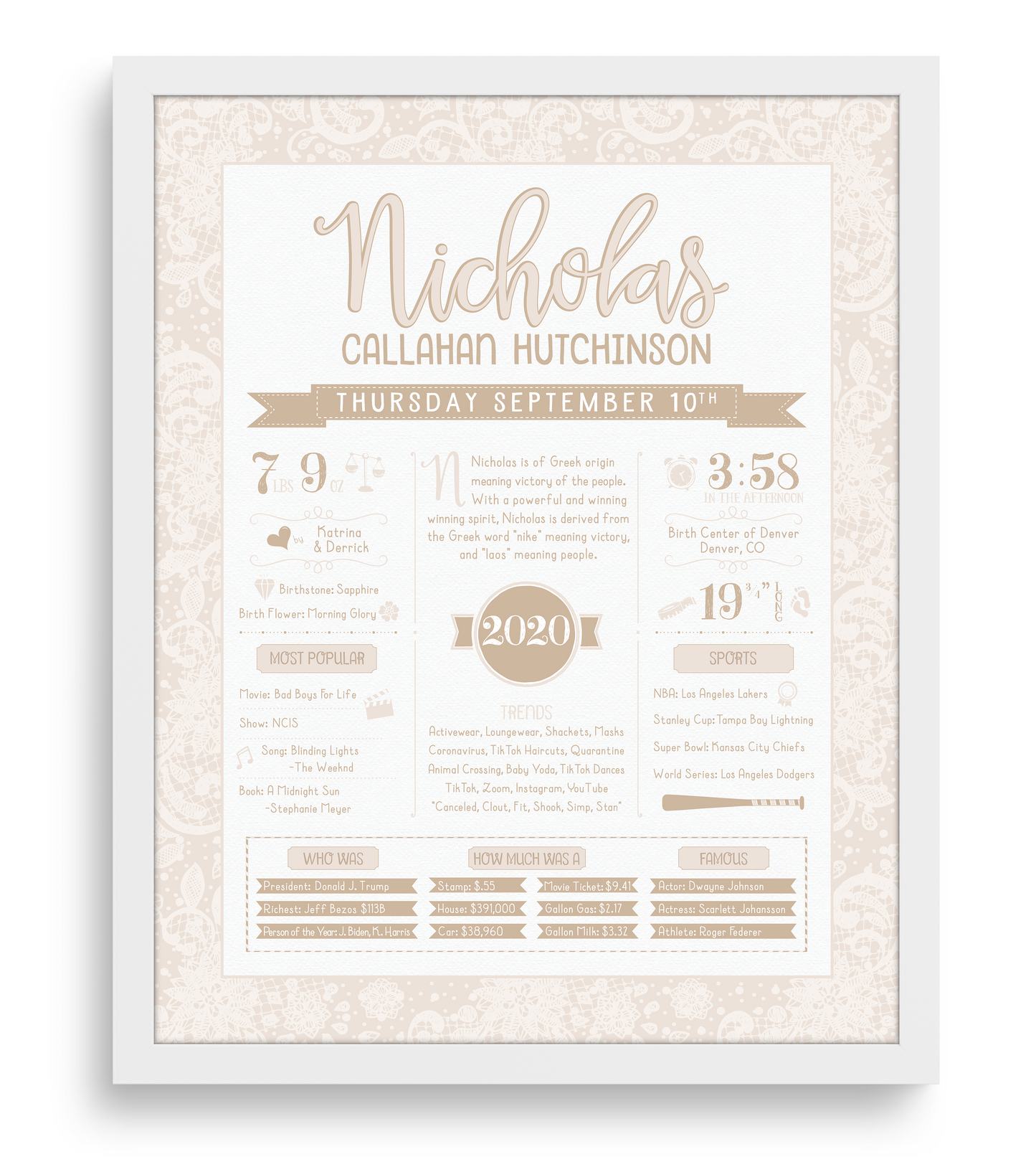White Frame / Beige Print
