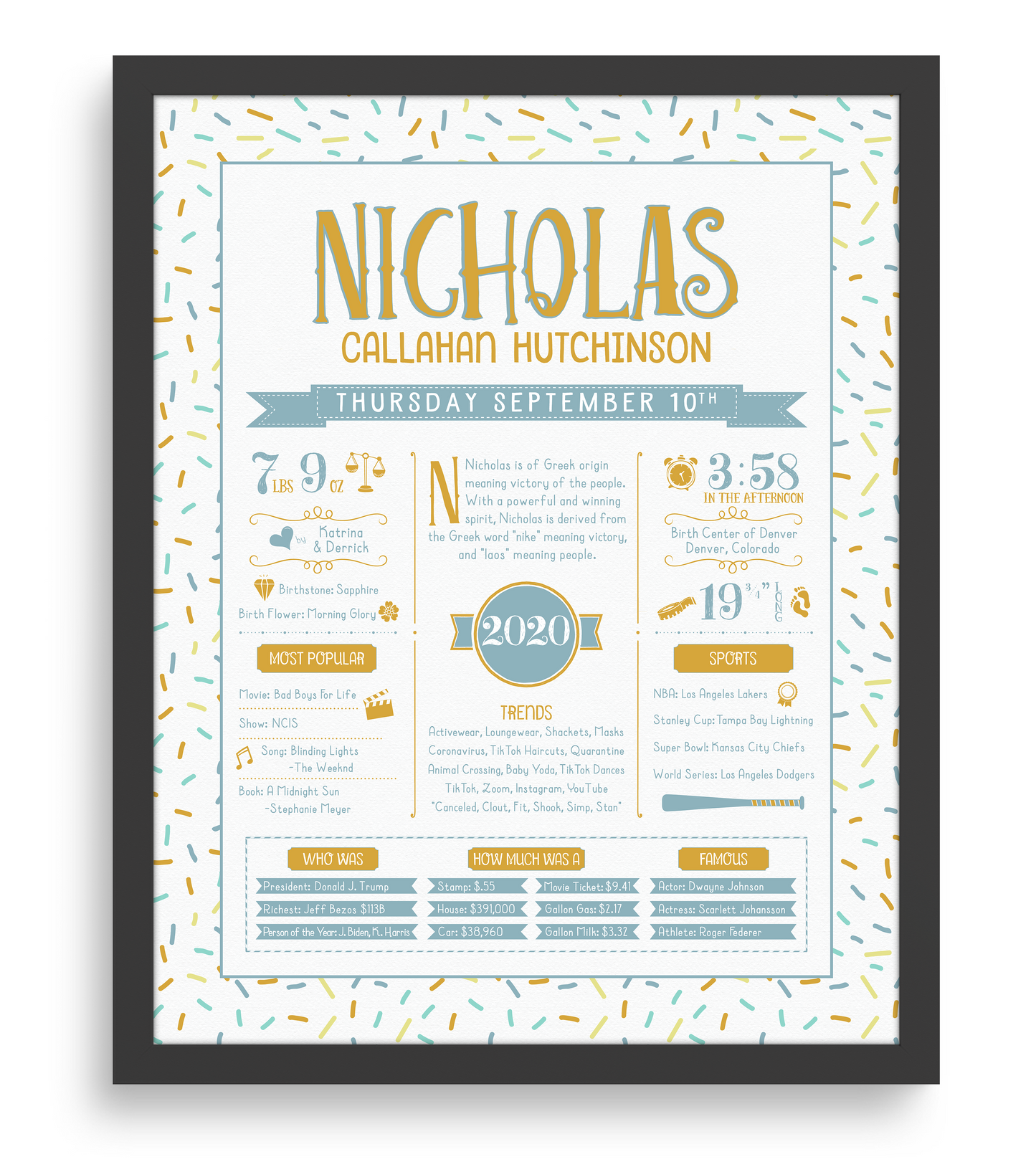 Black Frame / Gold & Boho Blue Print
