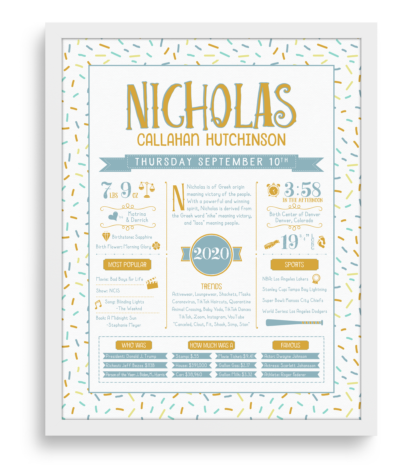 White Frame / Gold & Boho Blue Print