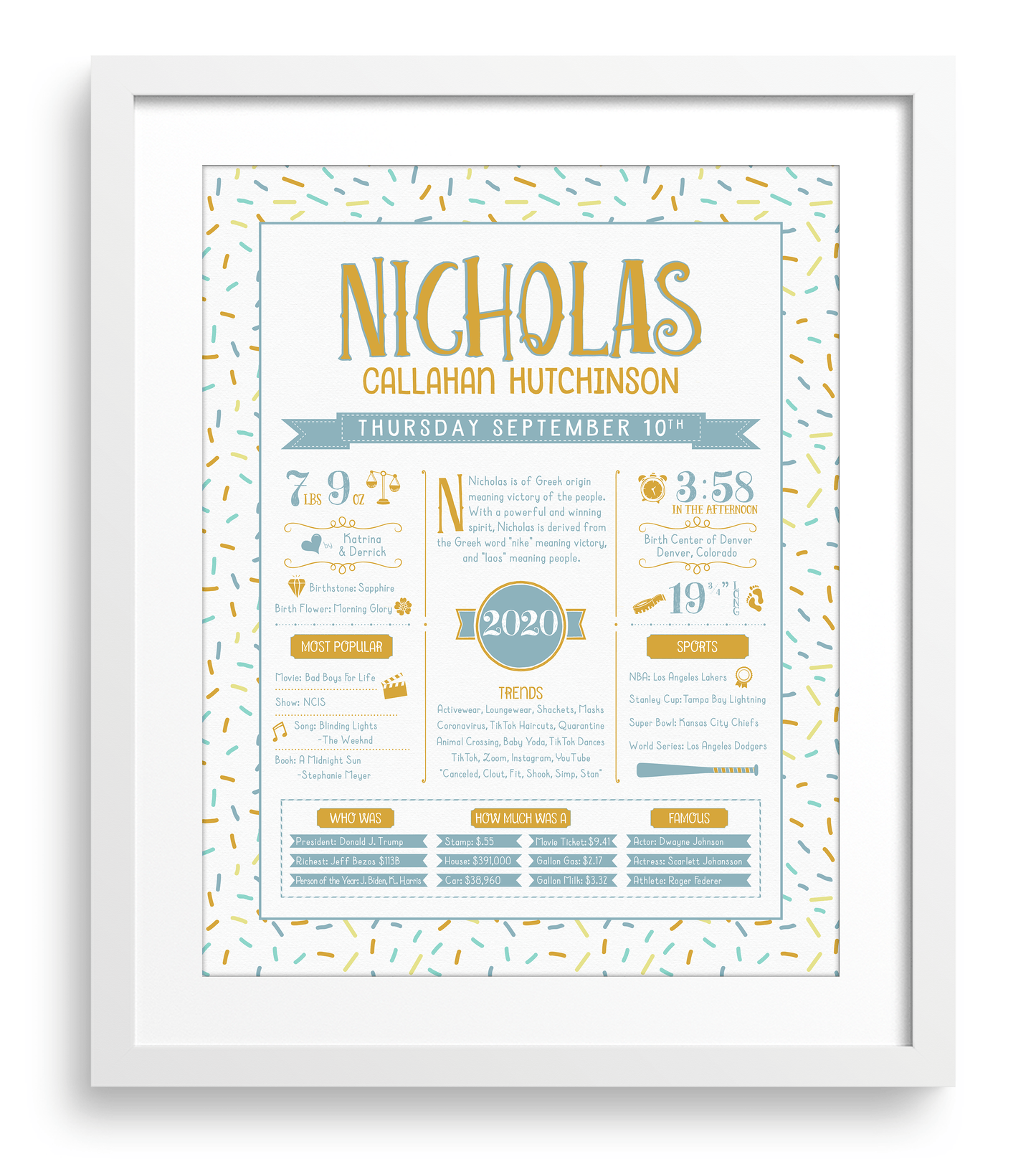 White Frame / Gold & Boho Blue Print