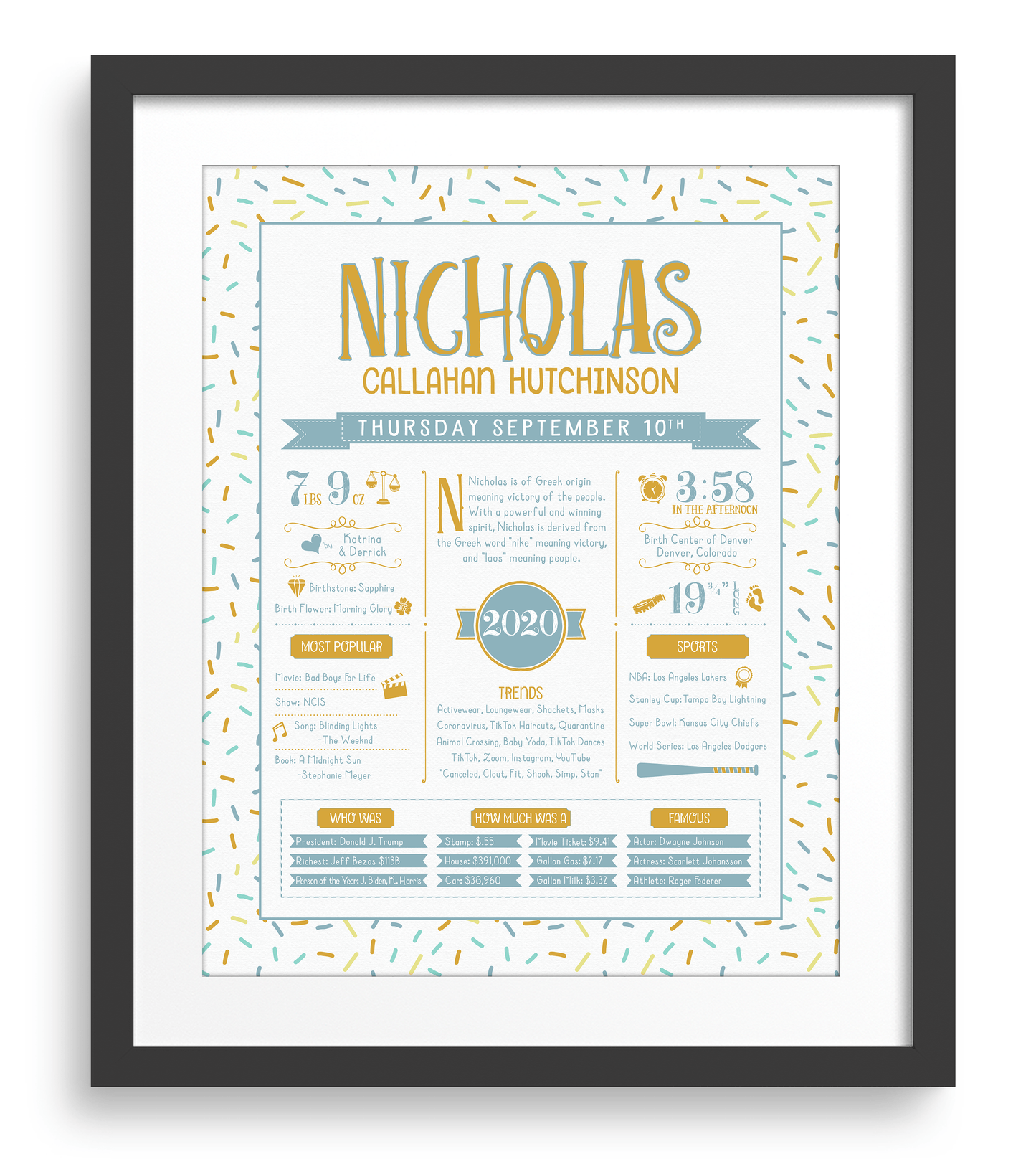 Black Frame / Gold & Boho Blue Print