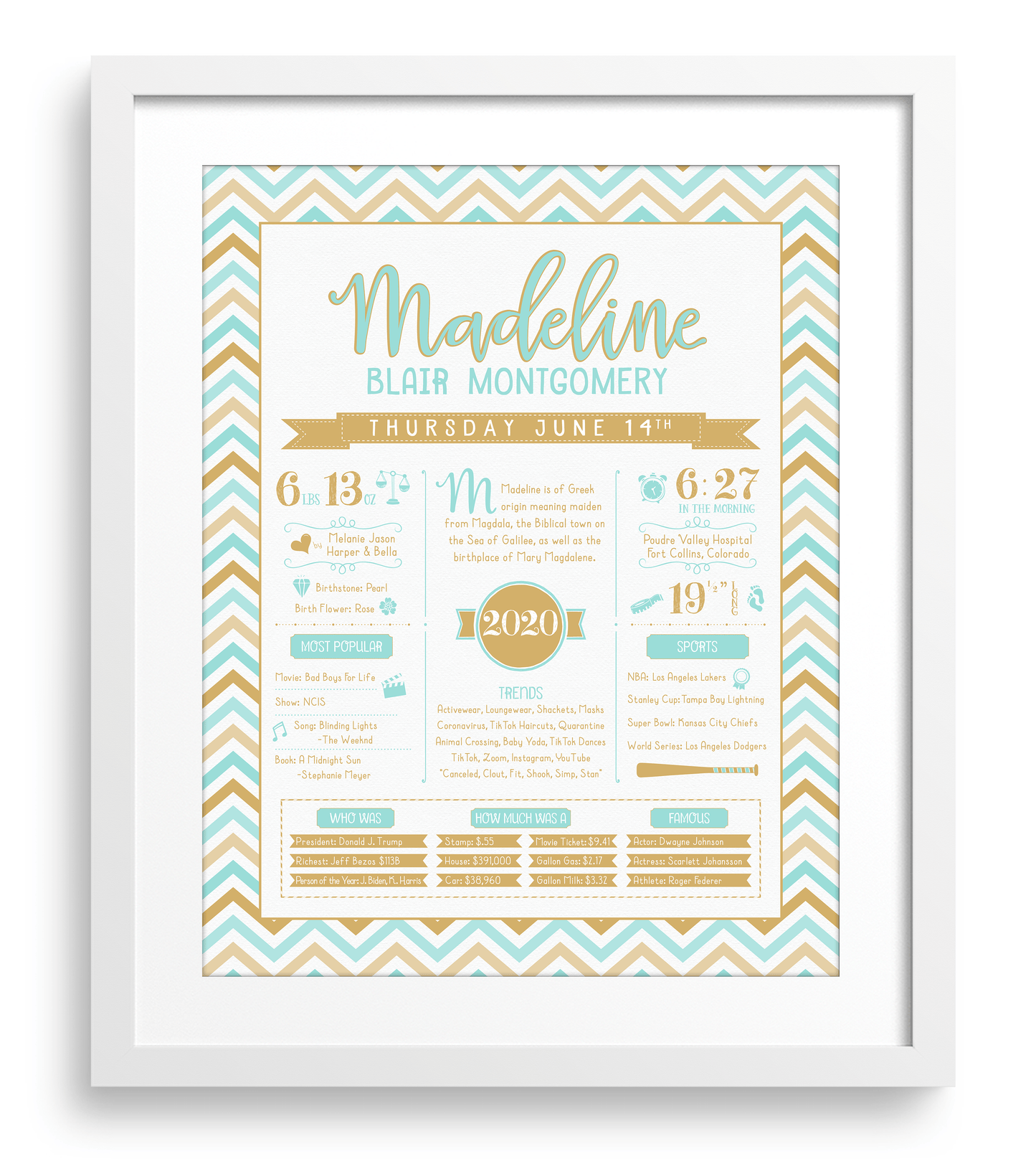 White Frame / Aqua & Gold Print