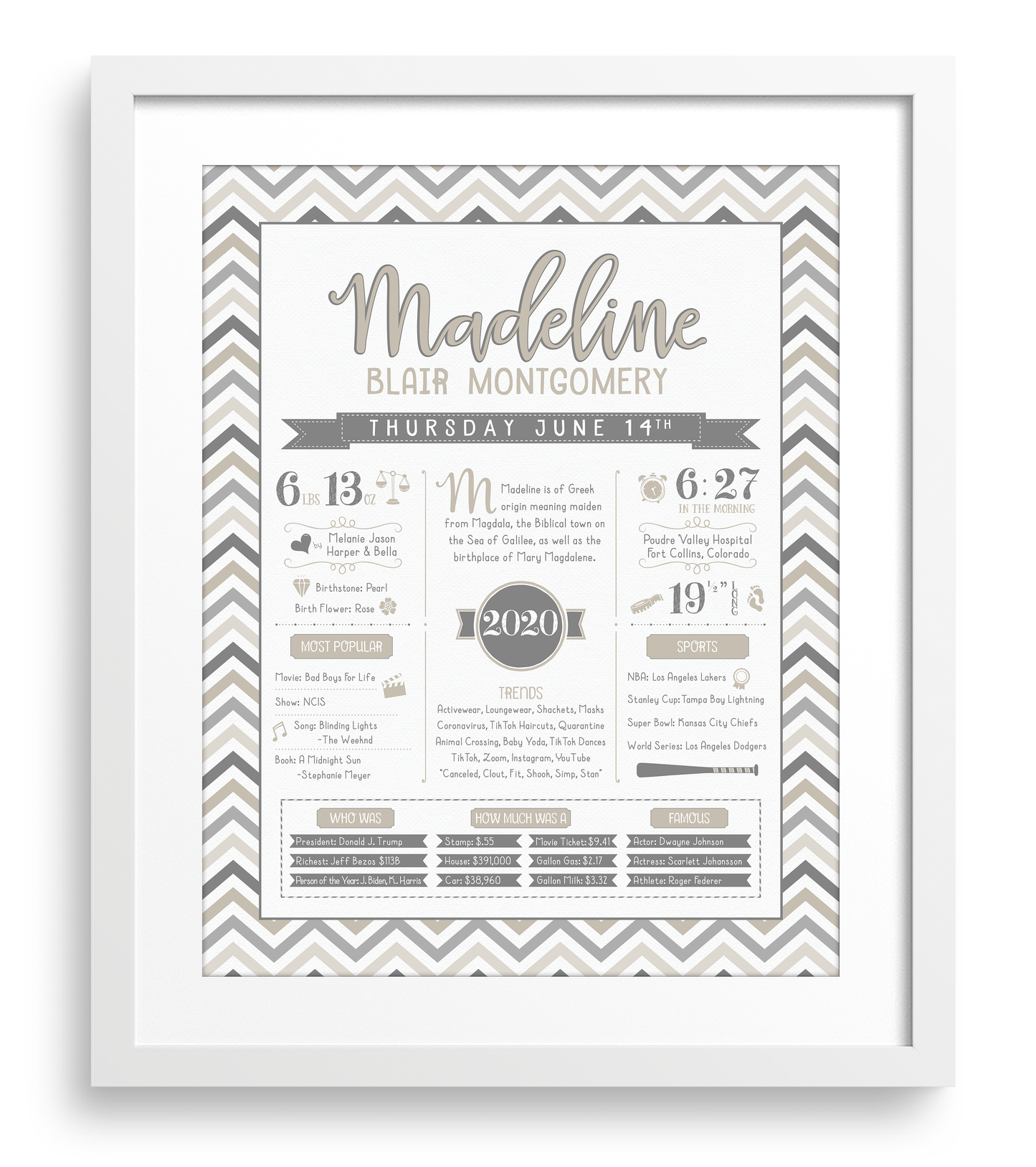 White Frame / Gray & Beige Print