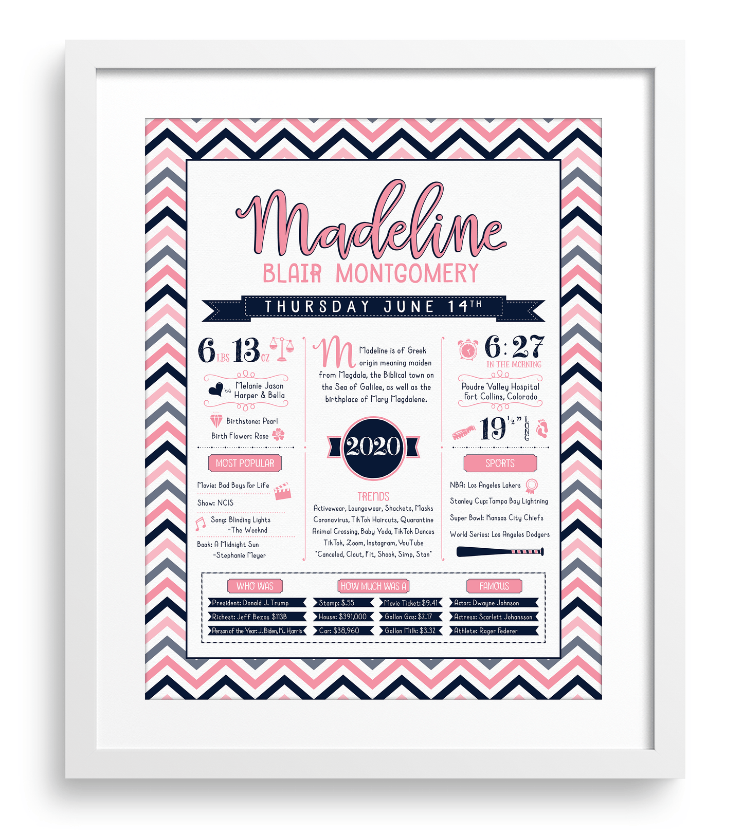 White Frame / Pink & Navy Print
