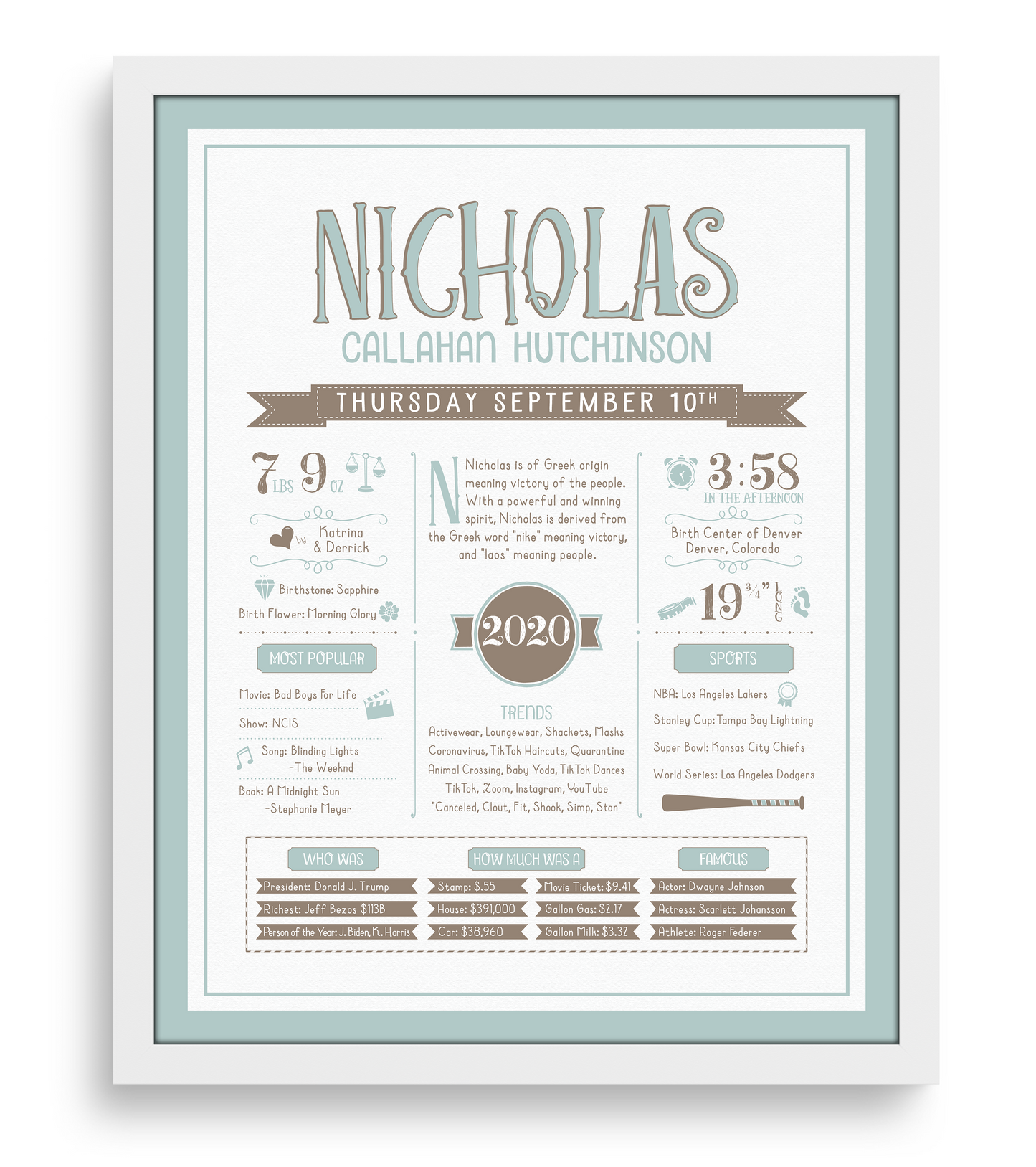 White Frame / Mint Blue & Brown Print