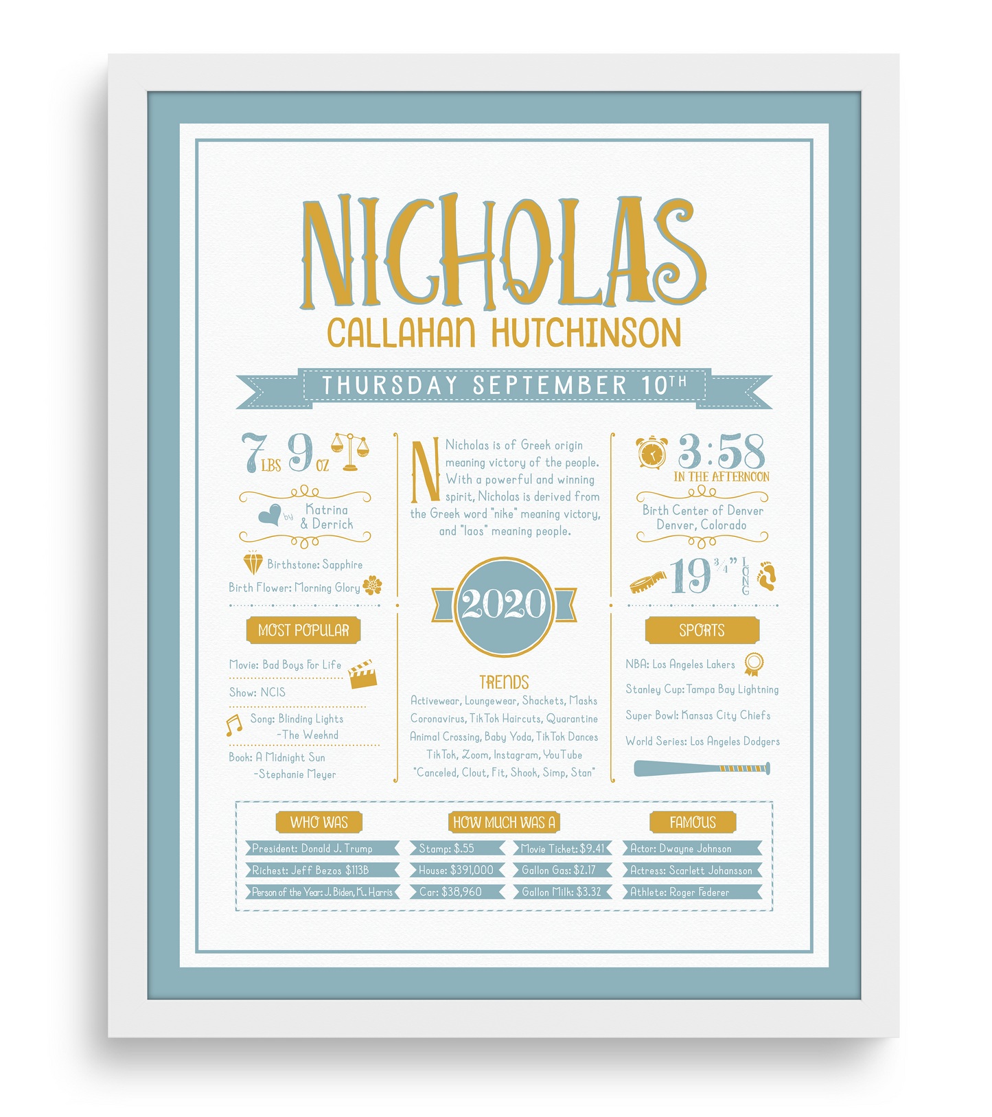 White Frame / Gold & Boho Blue Print