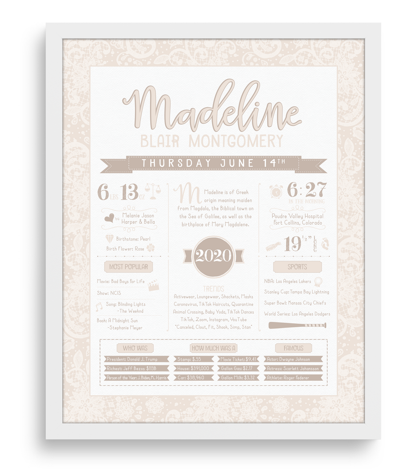 White Frame / Beige Print