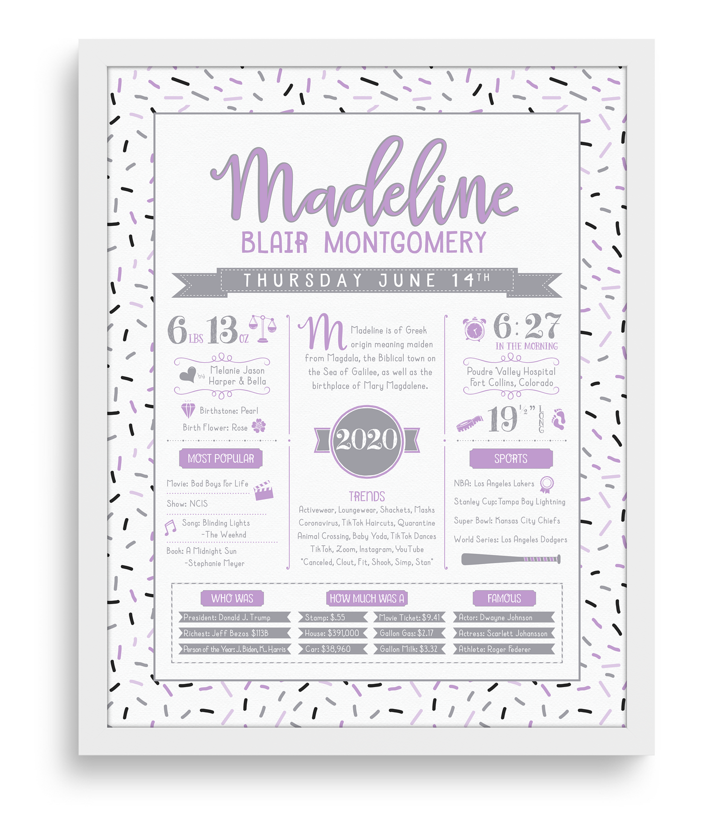 White Frame / Purple & Gray Print