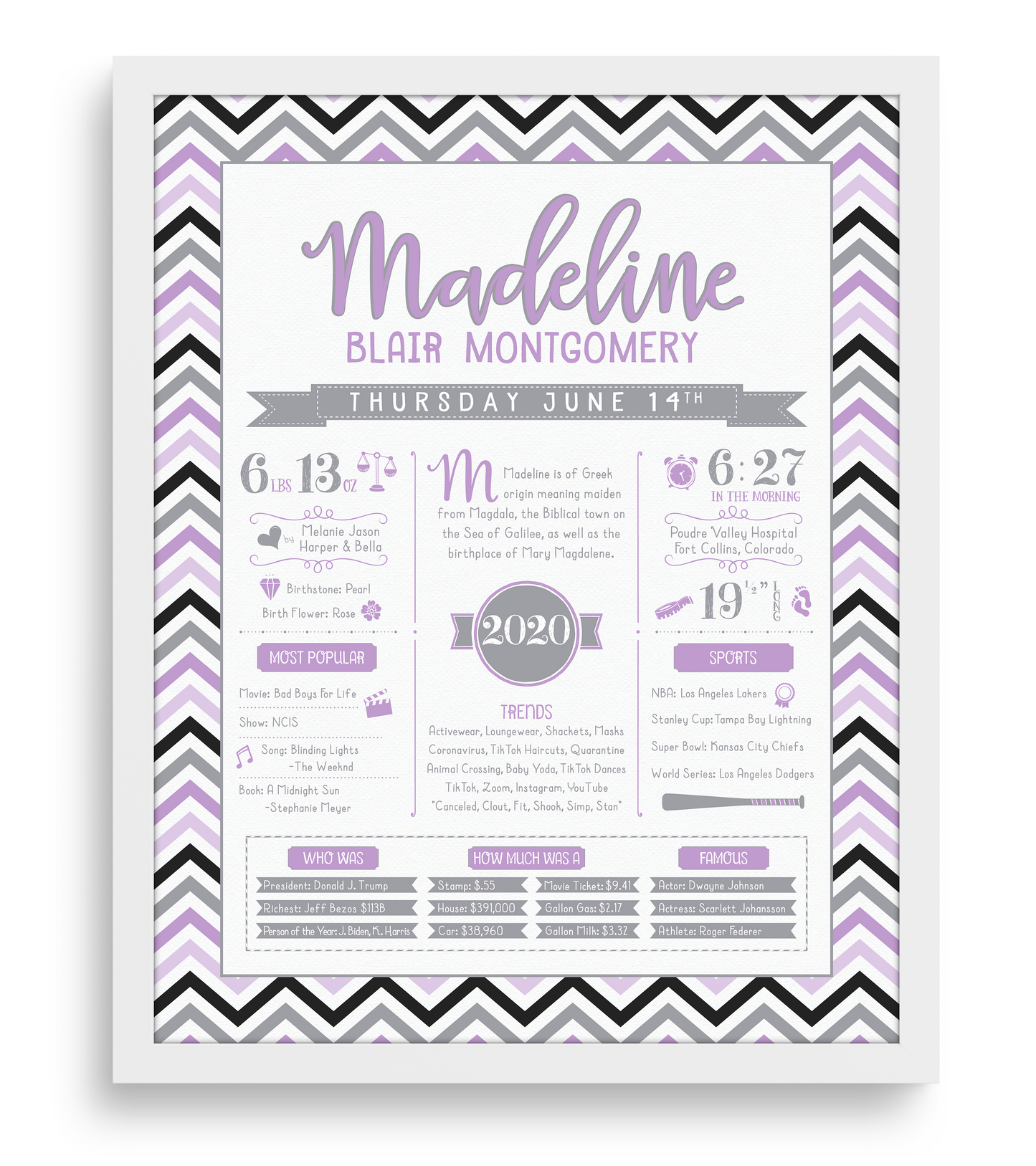 White Frame / Purple & Gray Print