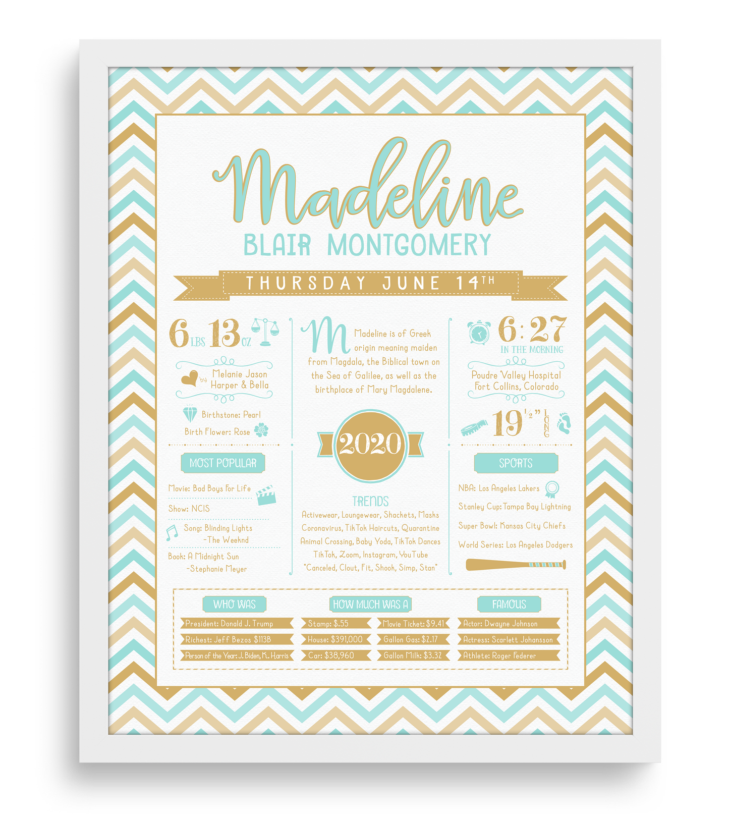 White Frame / Aqua & Gold Print