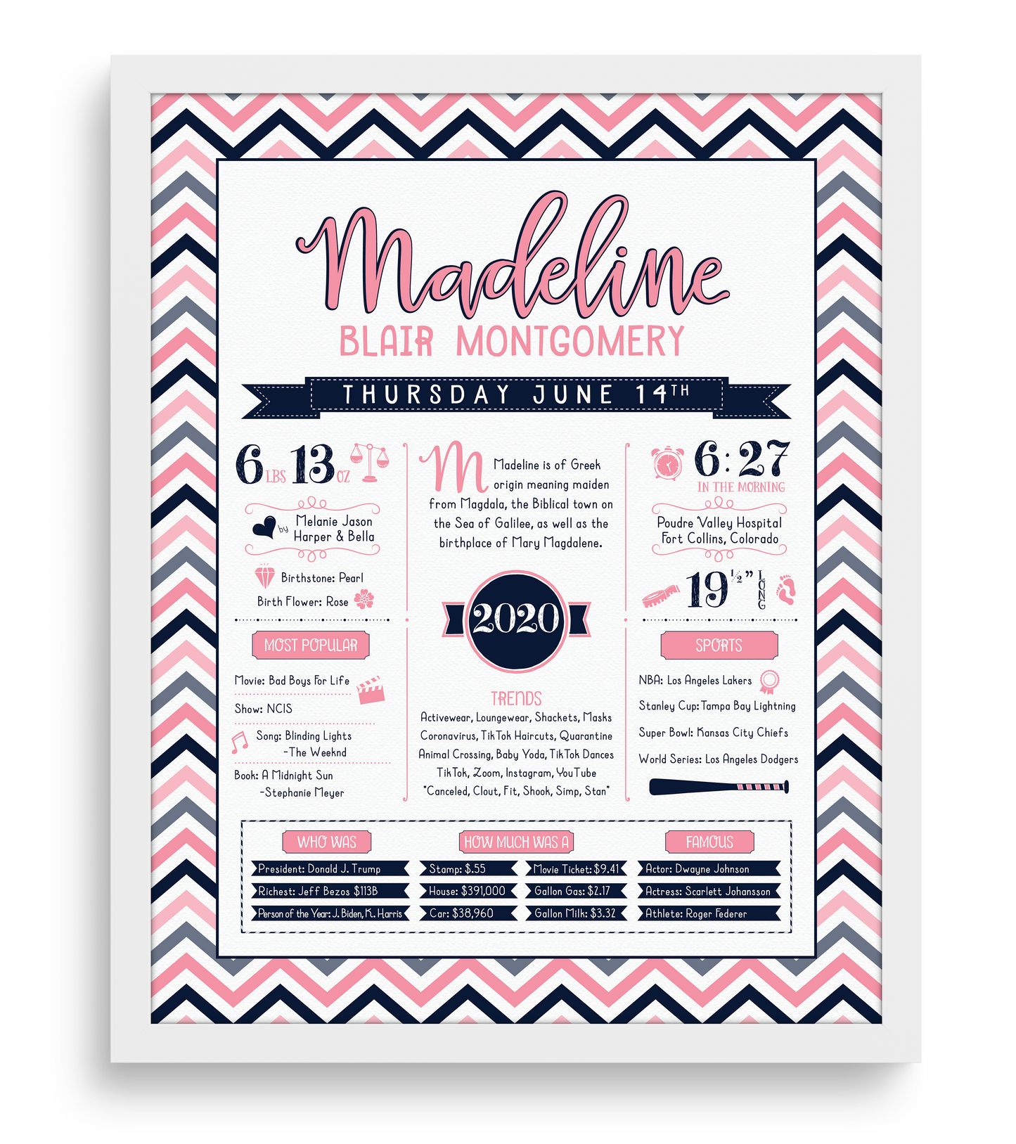 White Frame / Pink & Navy Print