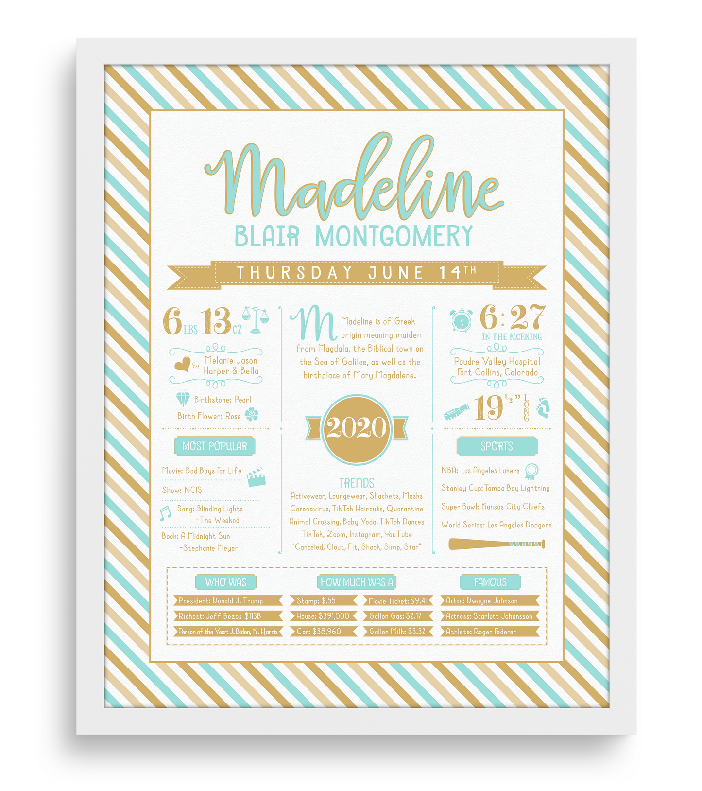 White Frame / Aqua & Gold Print