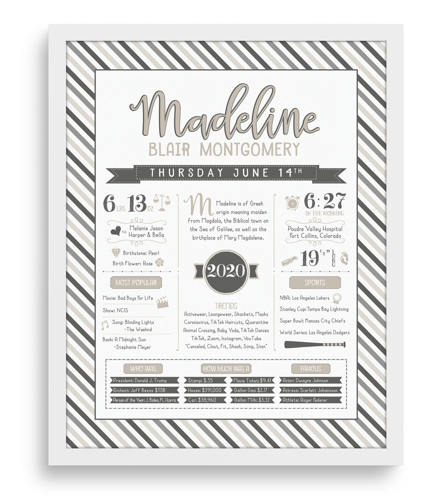 White Frame / Gray & Beige Print