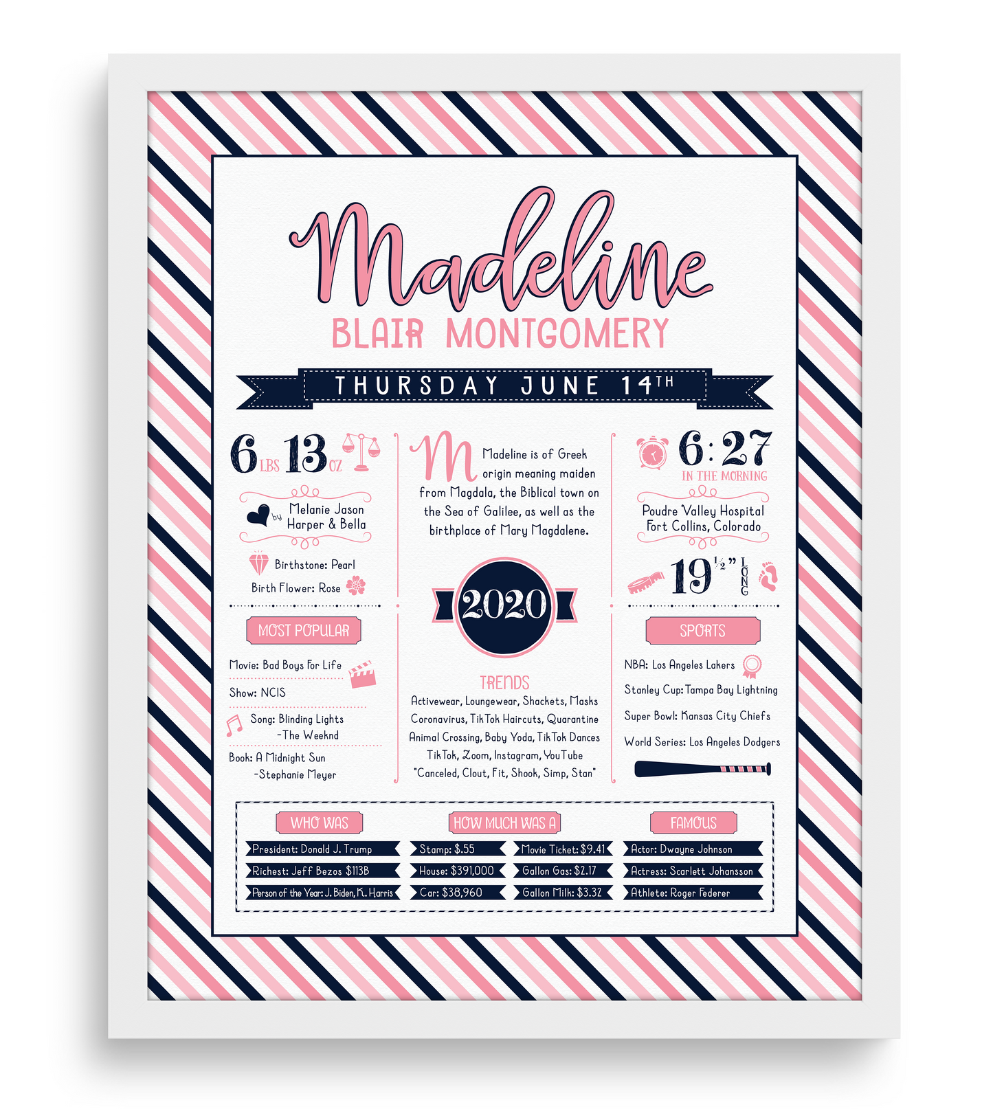 White Frame / Pink & Navy Print