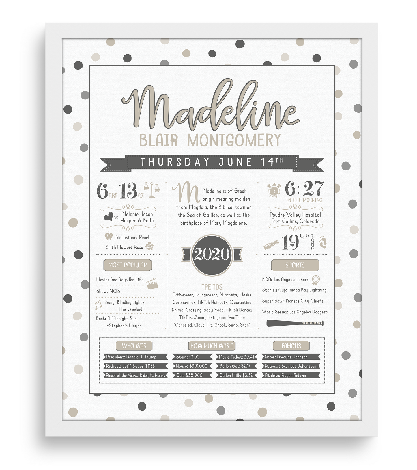 White Frame / Gray & Beige Print
