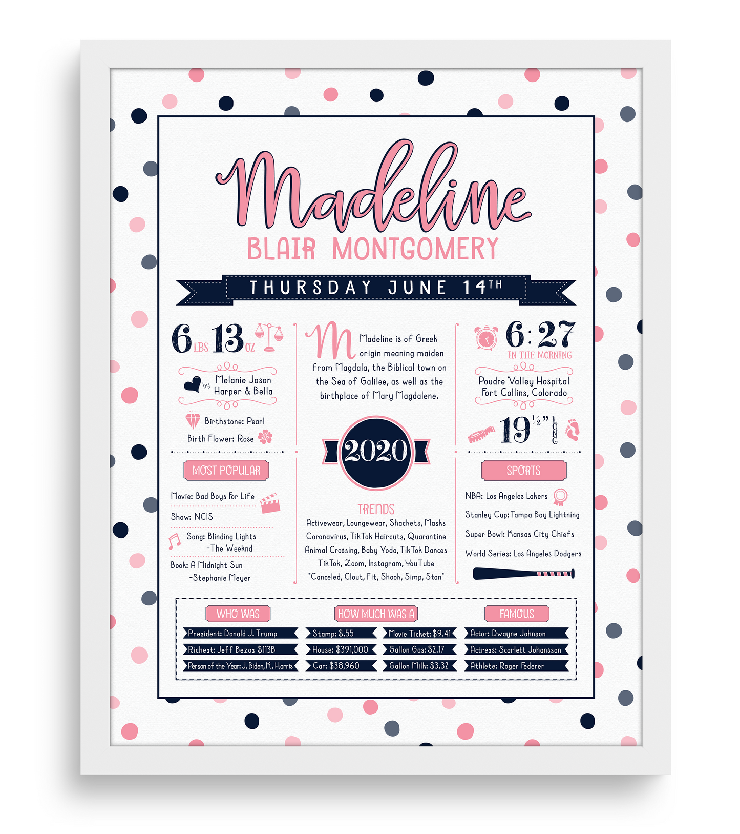 White Frame / Pink & Navy Print