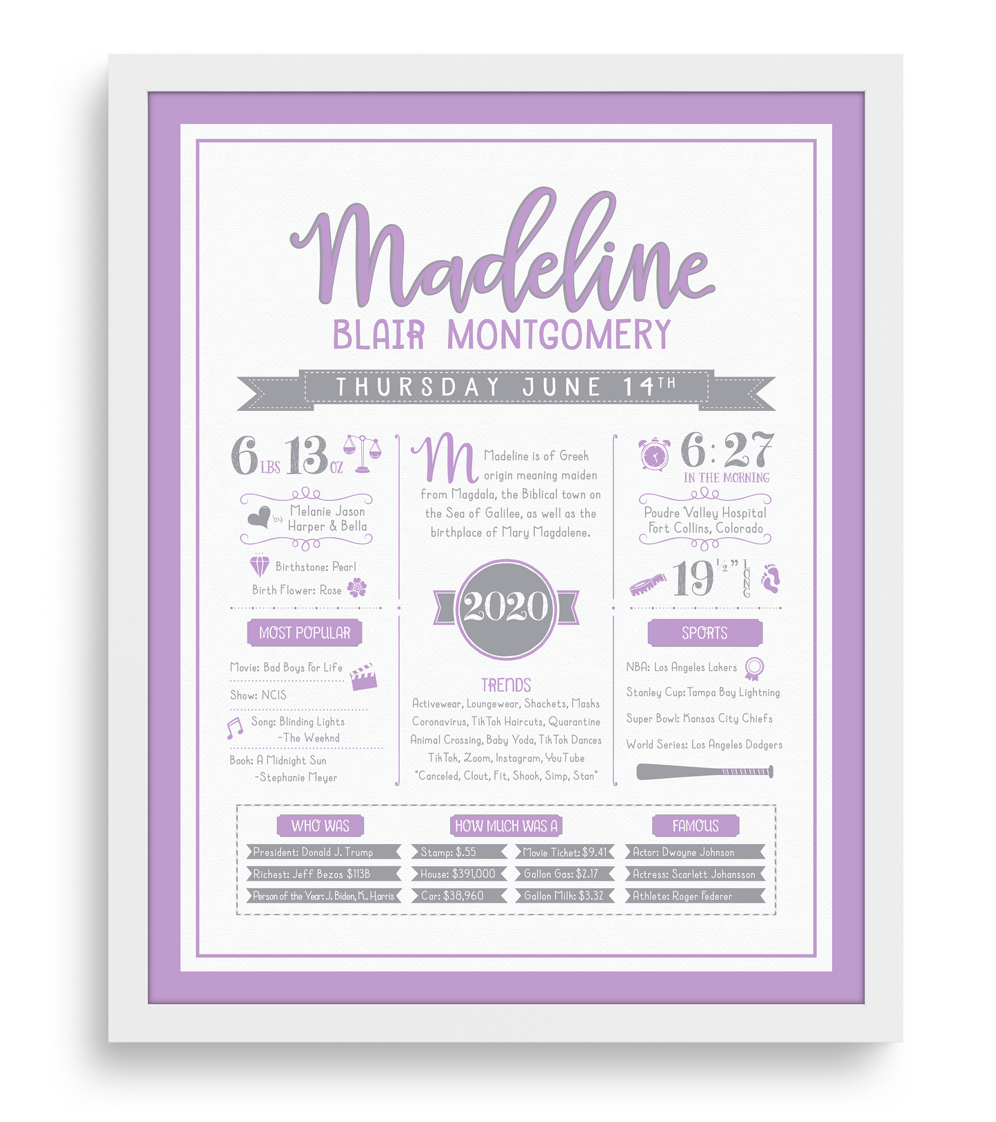 White Frame / Purple & Gray Print