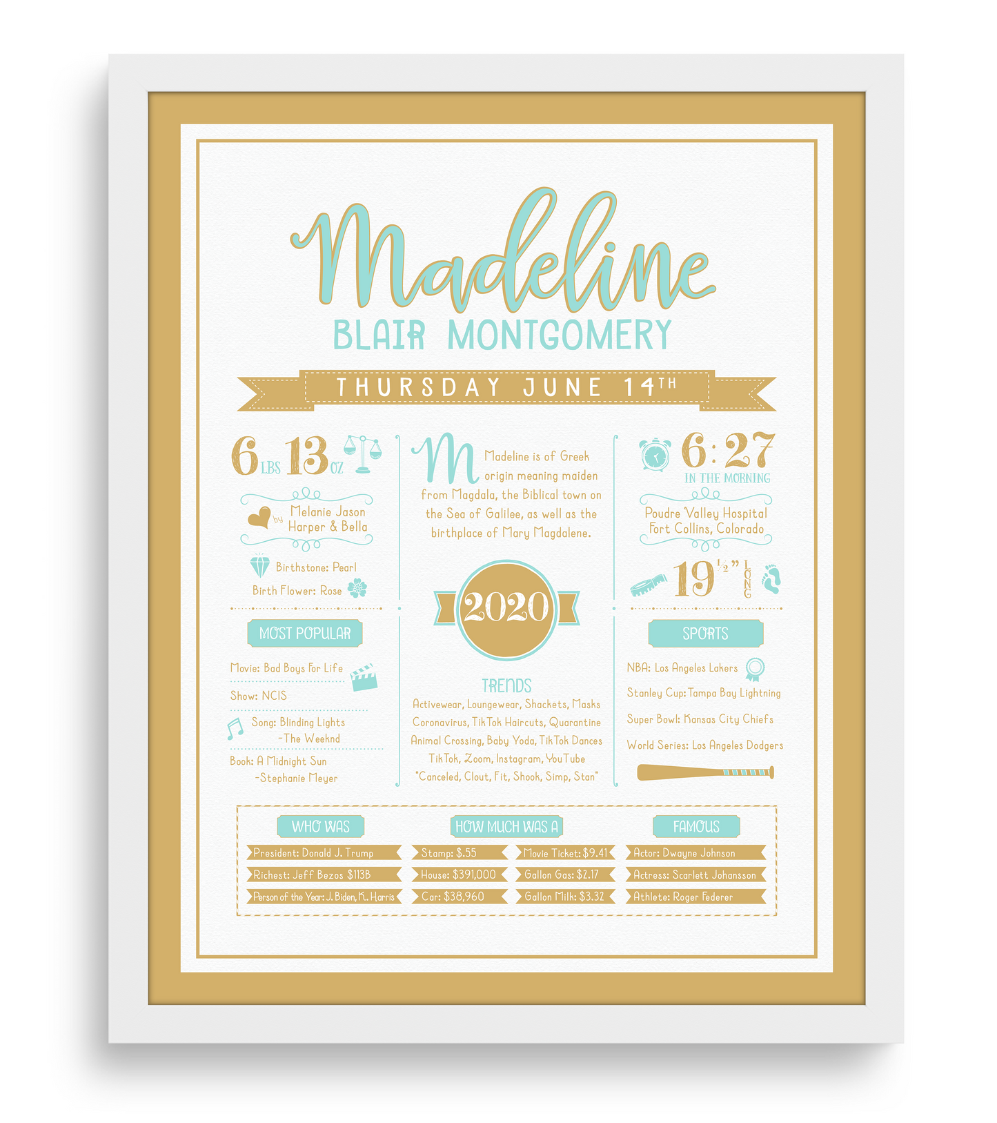 White Frame / Aqua & Gold Print