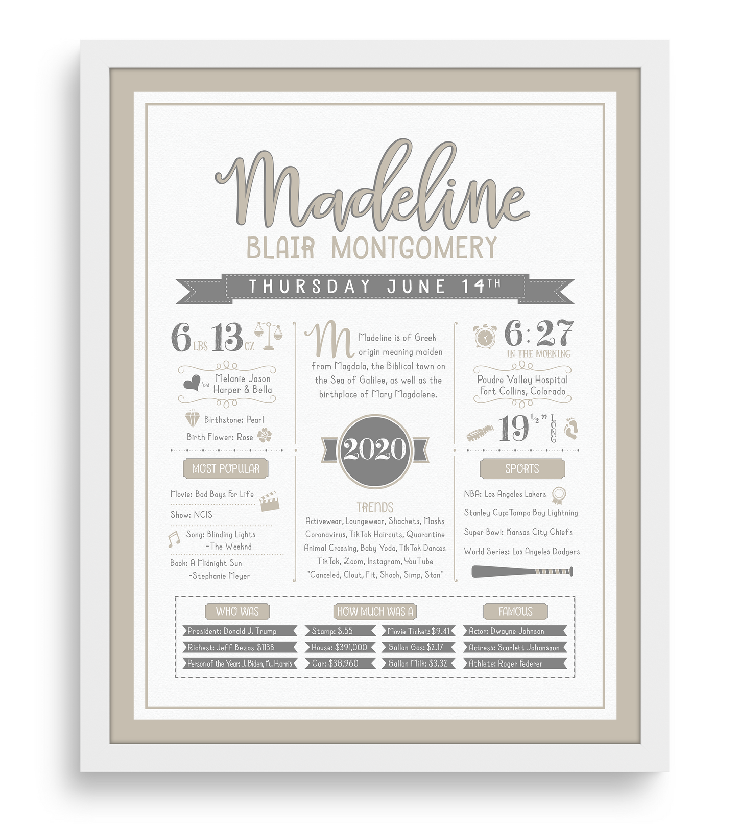 White Frame / Gray & Beige Print