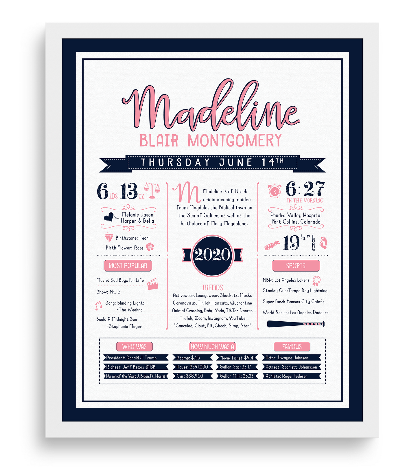 White Frame / Pink & Navy Print