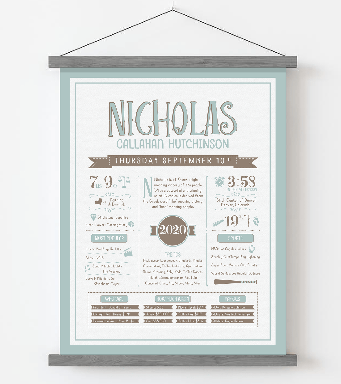 Gray Magnetic Frame / Mint Blue & Brown Print