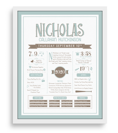 White Frame / Mint Blue & Brown Print