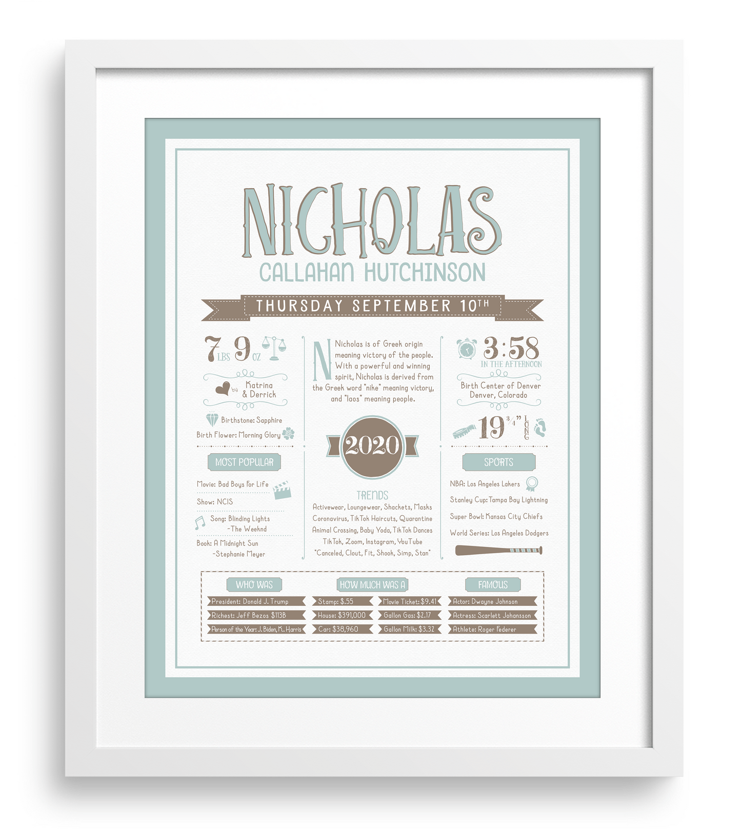 White Frame / Mint Blue & Brown Print