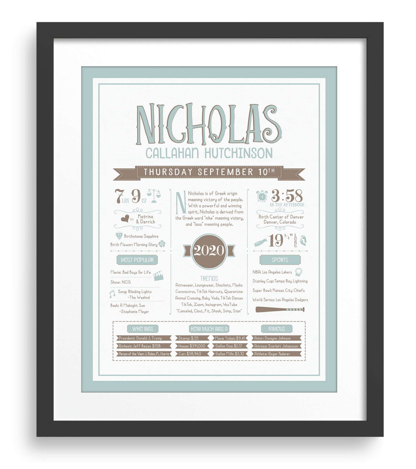 Black Frame / Mint Blue & Brown Print
