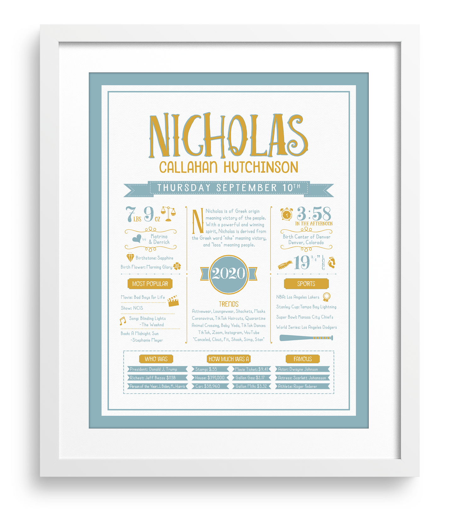 White Frame / Gold & Boho Blue Print
