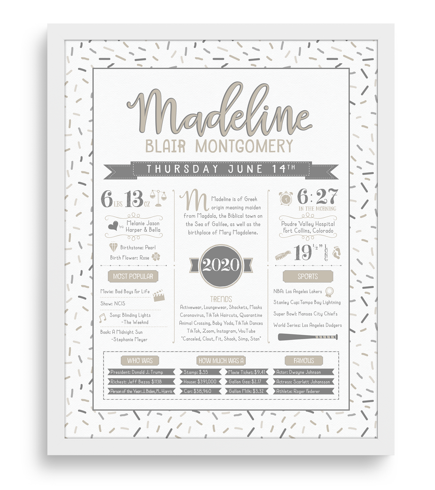 White Frame / Gray & Beige Print