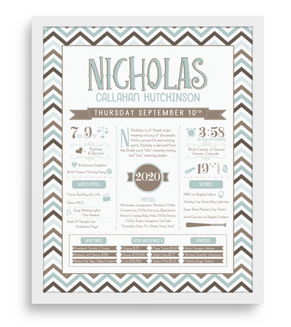 White Frame / Mint Blue & Brown Print