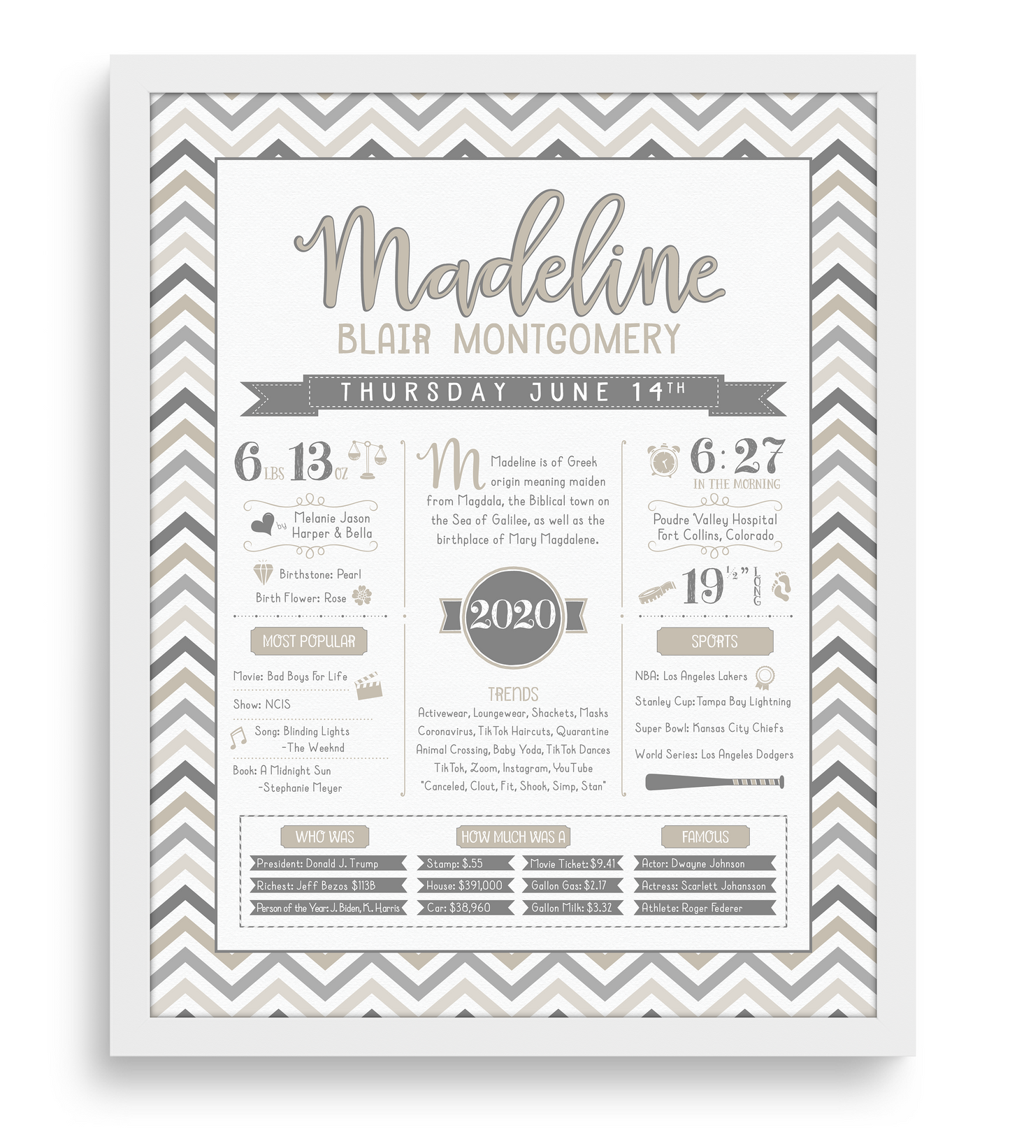 White Frame / Gray & Beige Print