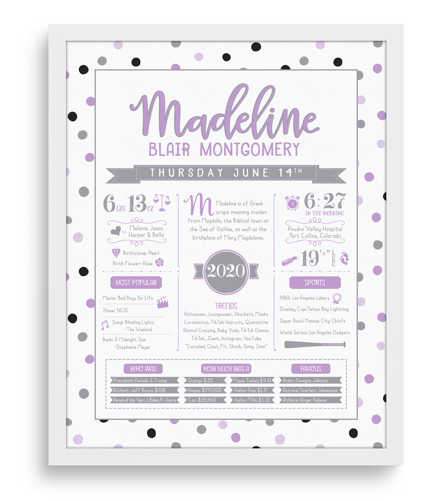 White Frame / Purple & Gray Print
