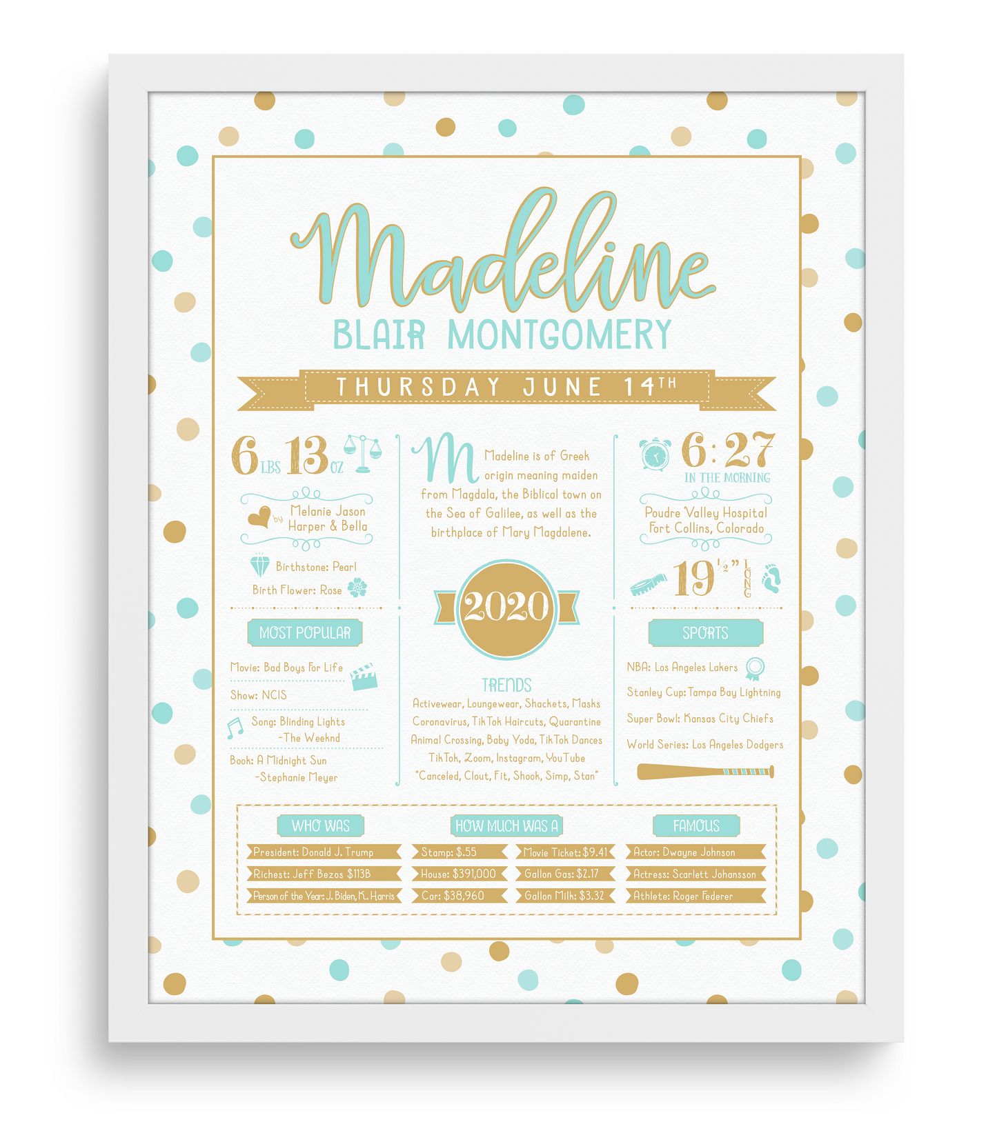 White Frame / Aqua & Gold Print
