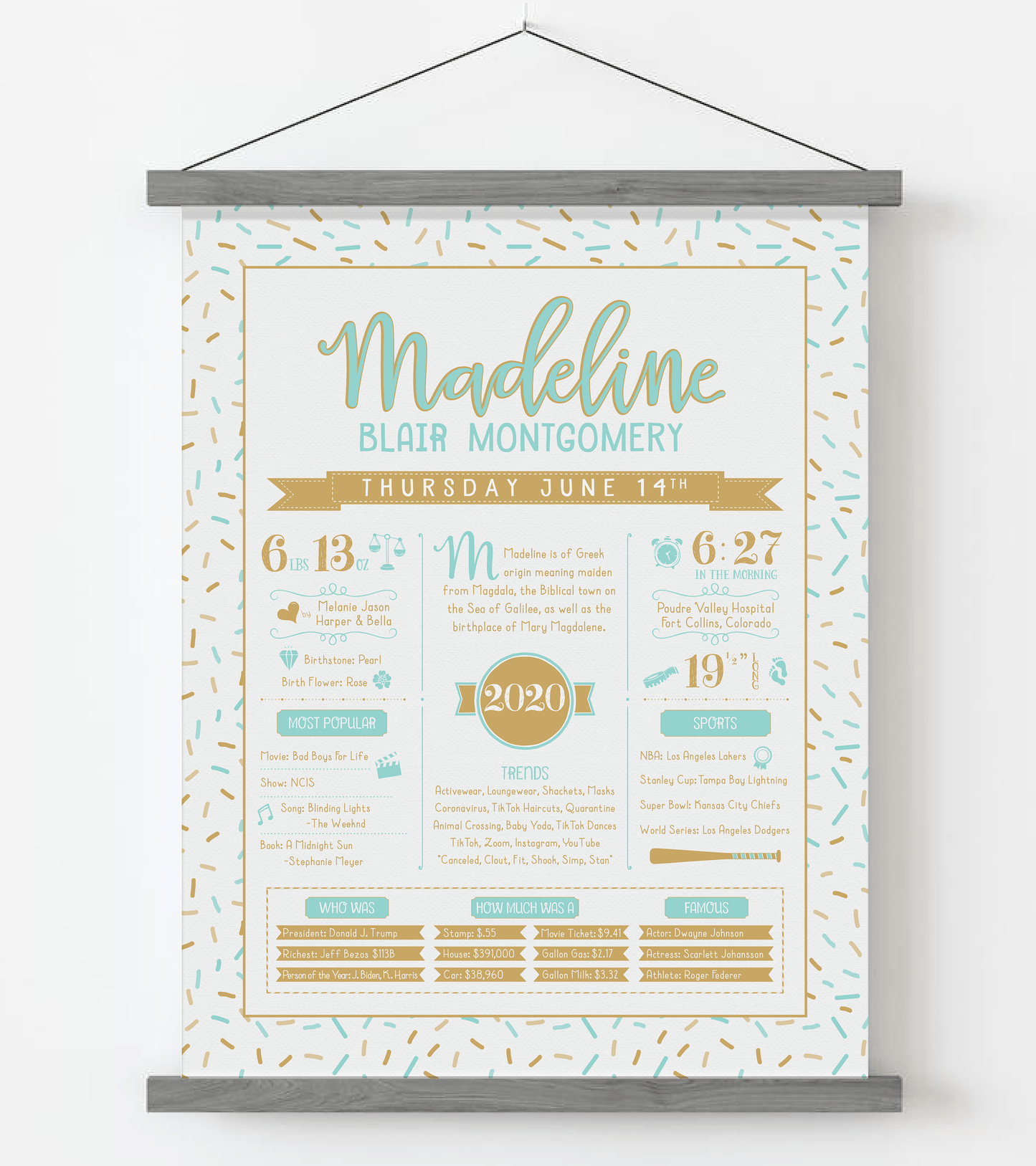 Gray Magnetic Frame / Aqua & Gold Print