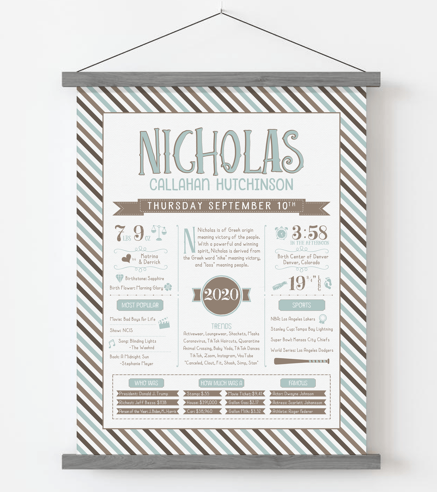 Gray Magnetic Frame / Mint Blue & Brown Print