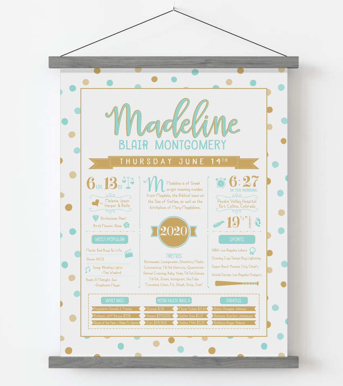 Gray Magnetic Frame / Aqua & Gold Print